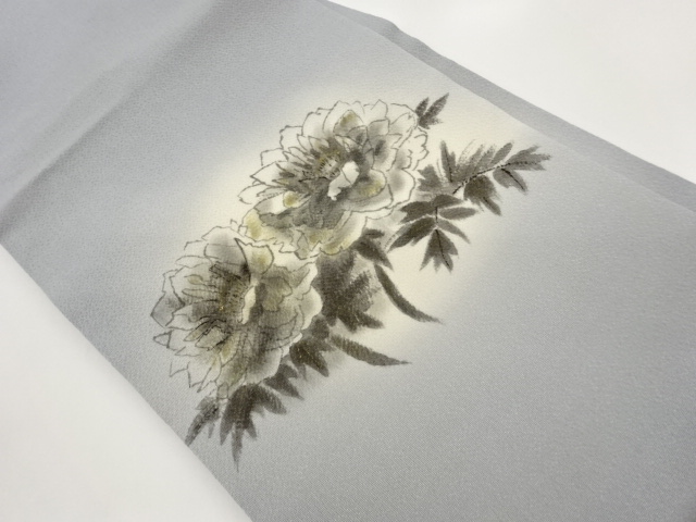 作家物　縮緬地金彩手描き牡丹模様暈し名古屋帯